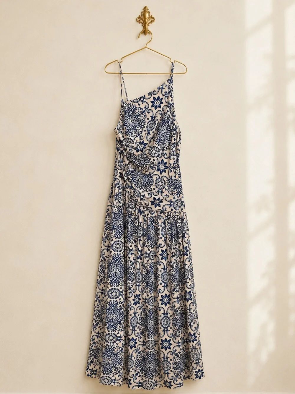 Dress Forum Los Angeles One Shoulder Blue & Ivory Linen Blend Midi Dress